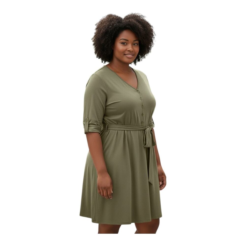 LANE BRYANT Women Plus 22 24 Dress Midi Taupe Olive Elastic Waist Tie Belt